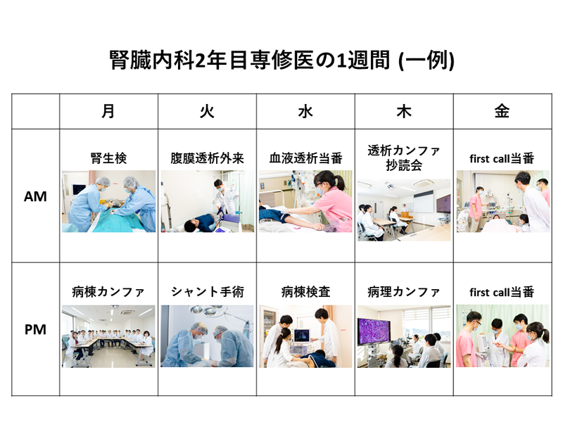 このように、毎日バリエーションに富んだスケジュールが組まれており、腎臓内科の臨床を幅広く学ぶことが出来ます。